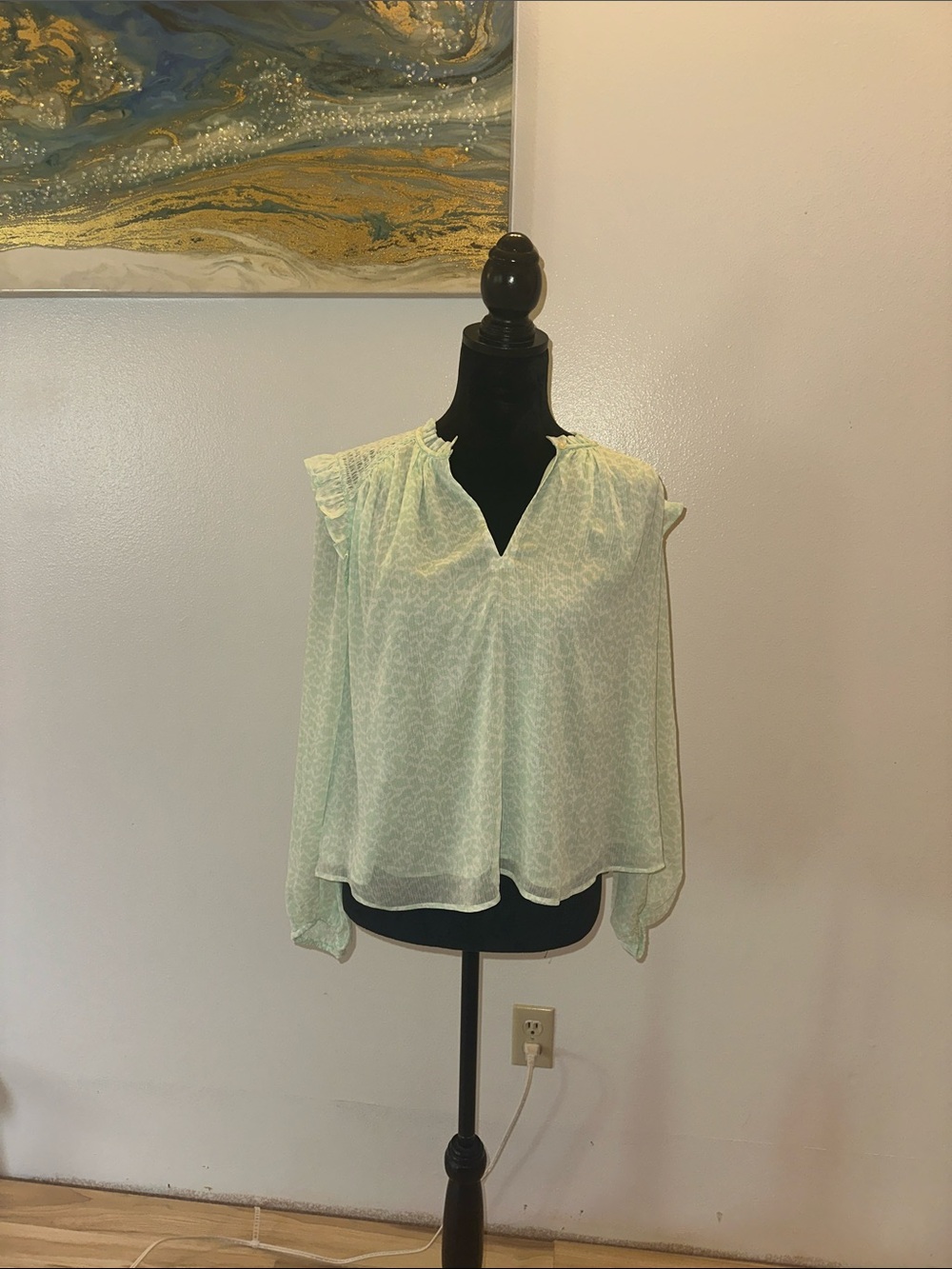 LOFT Mint Green Ruffle Shoulder V-Neck Blouse